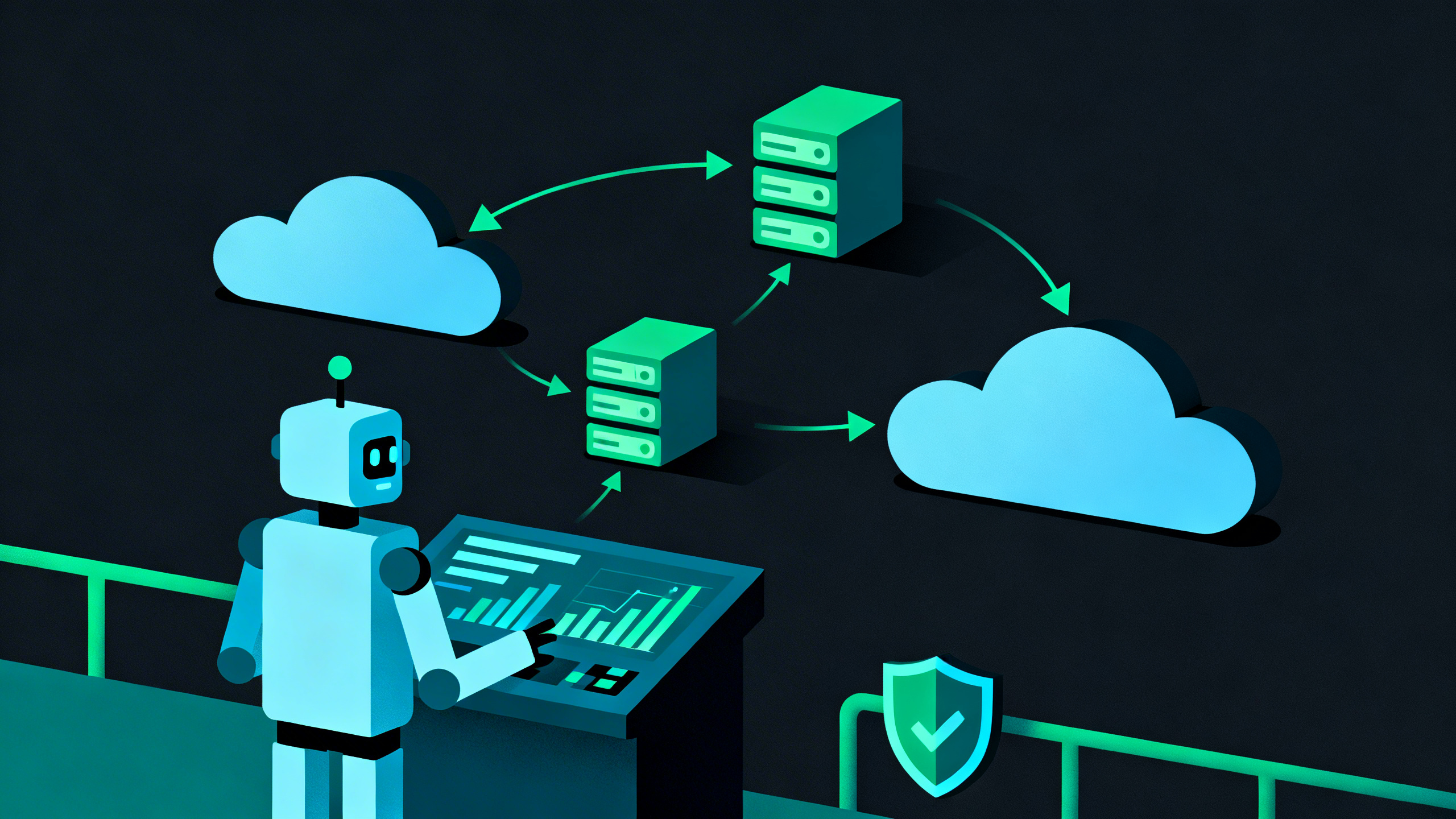 AI agent robot monitoring cloud infrastructure dashboard with automated workflow arrows between servers