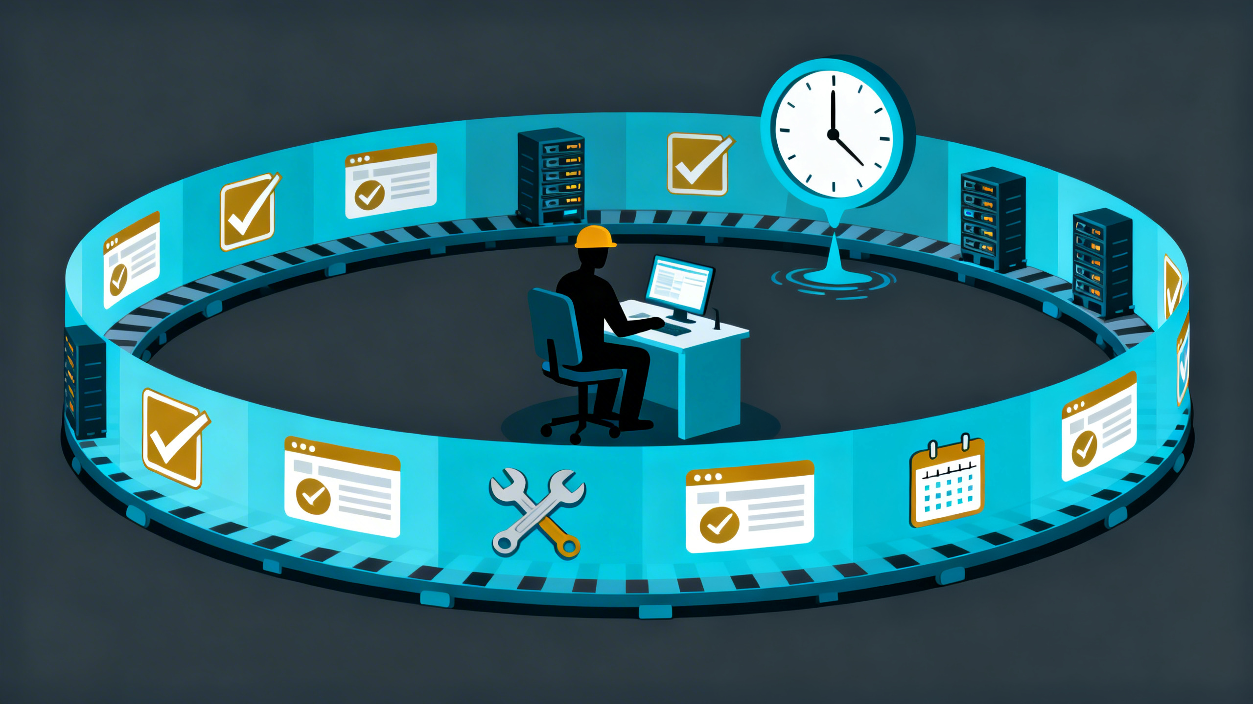 Engineer silhouette at a terminal surrounded by a circular conveyor belt of repeating manual task icons, checkboxes, wrenches, calendars, servers, with a clock overhead showing time being consumed
